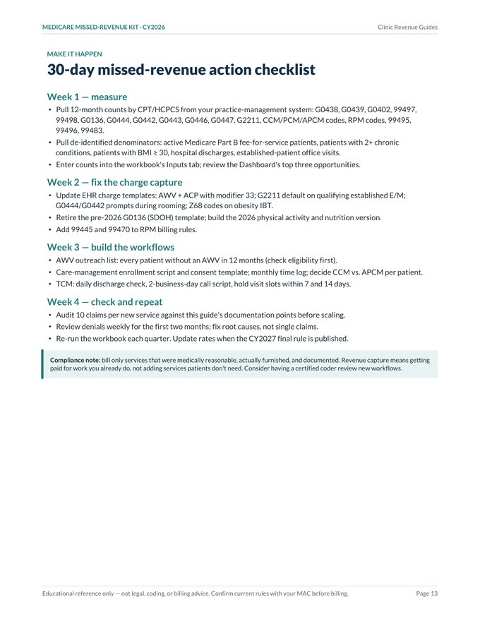 Guide page 13: 30-day missed-revenue action checklist