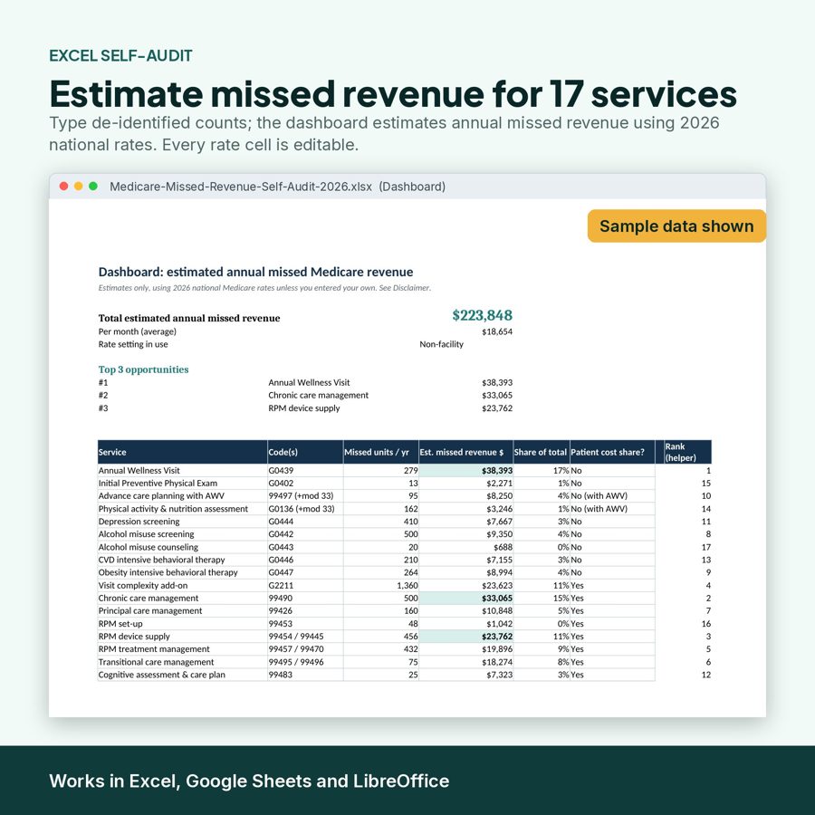 The Excel self-audit dashboard, showing estimated missed revenue by service using sample data